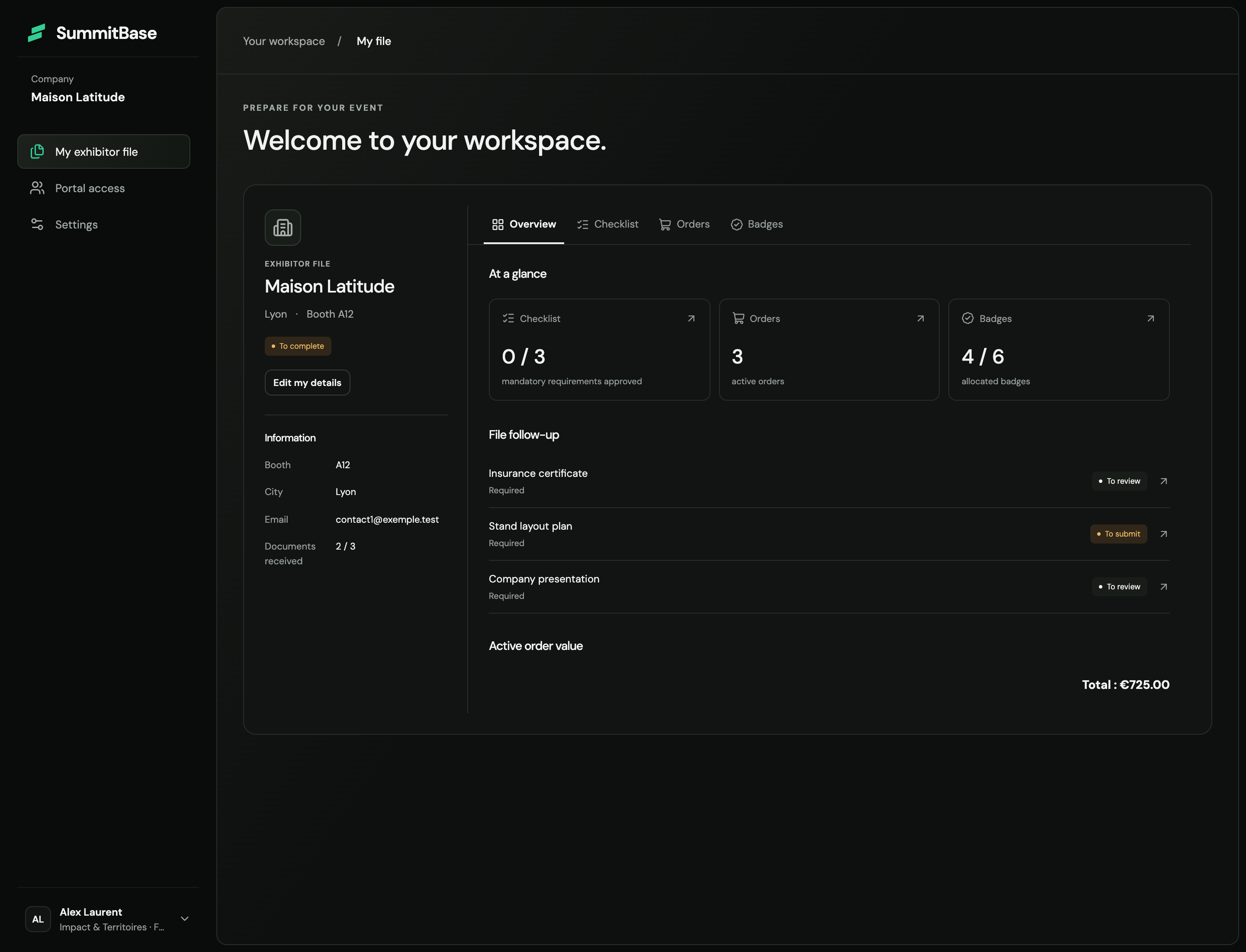 Maison Latitude exhibitor portal showing company details, its assigned booth and required documents with their status.